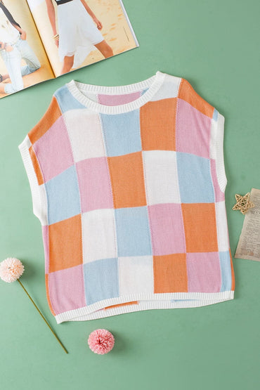 Color Block Round Neck Cap Sleeve Knit Top.