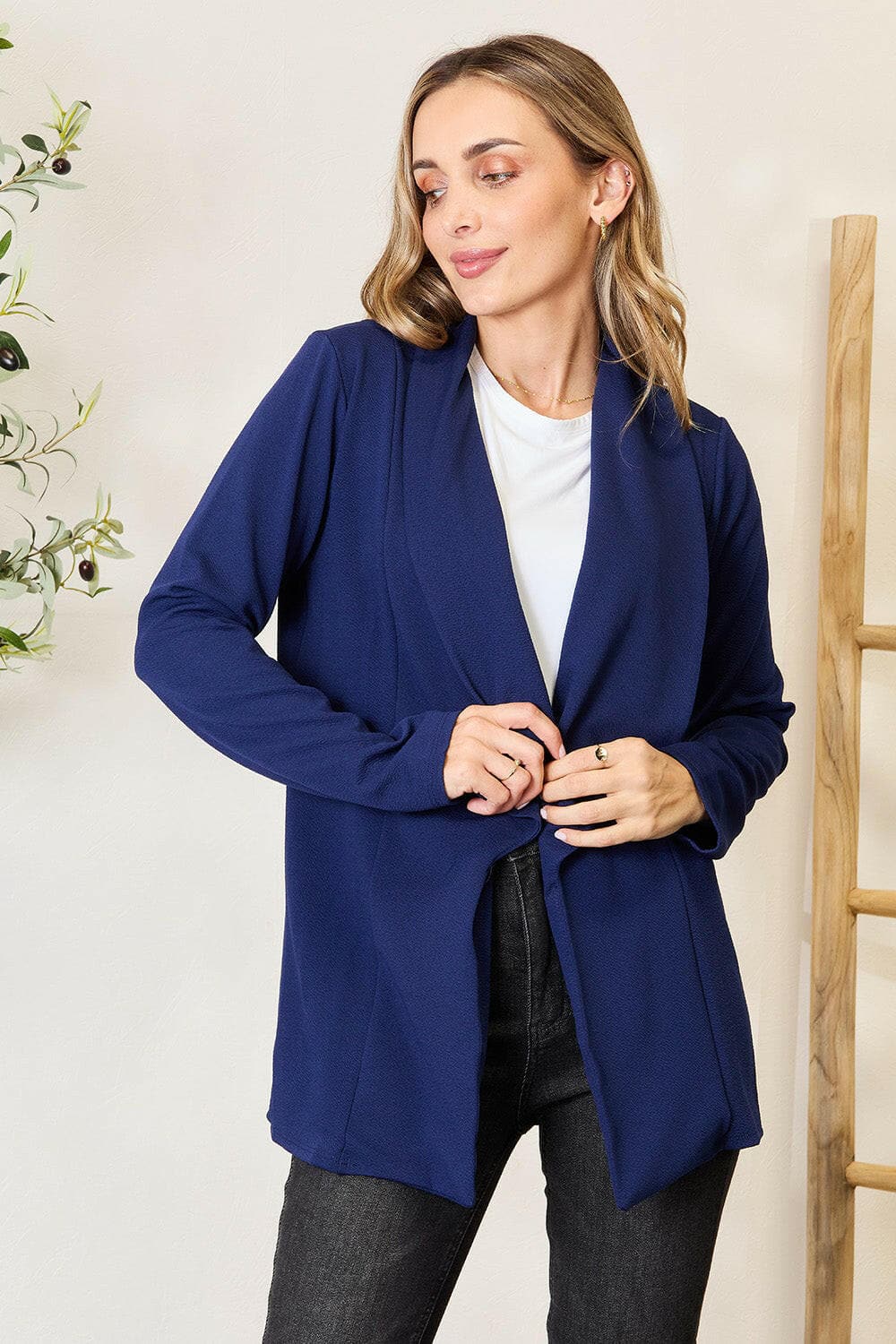 Heimish Full Size Statement Neck Open Front Blazer.