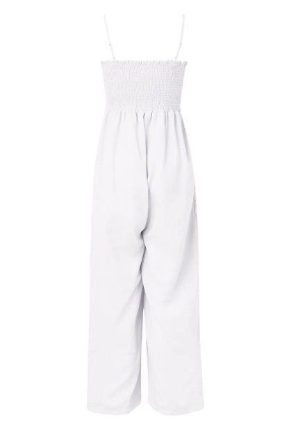 Smocked Spaghetti Strap Wide Leg Jumpsuit.