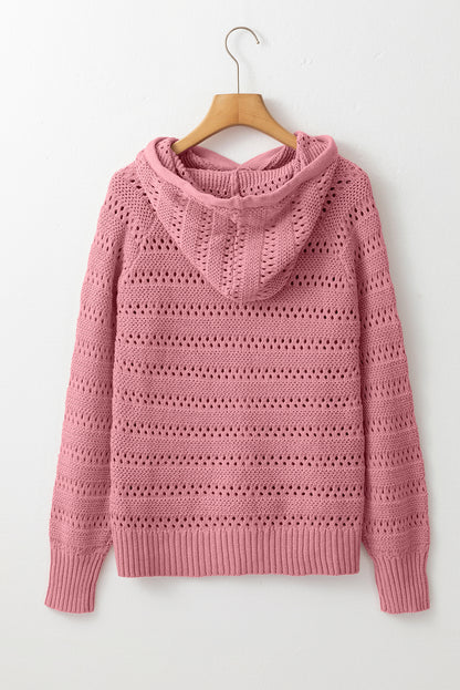 Peach blossom pointelle knit hoodie with stylish raglan sleeves