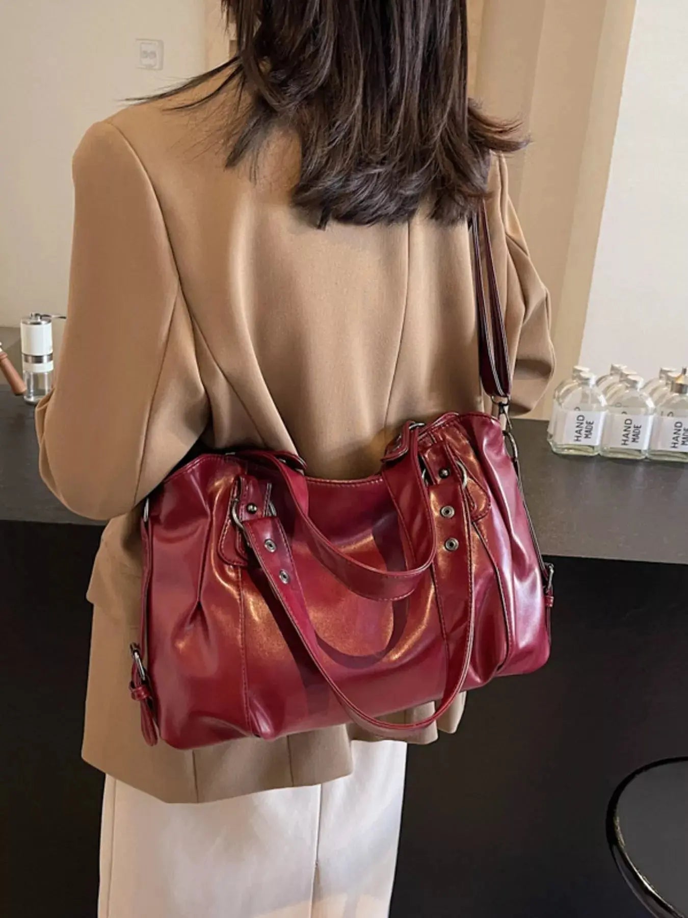 Vintage Style PU Leather Handbag Large Tote With Shoulder Straps Simply Love
