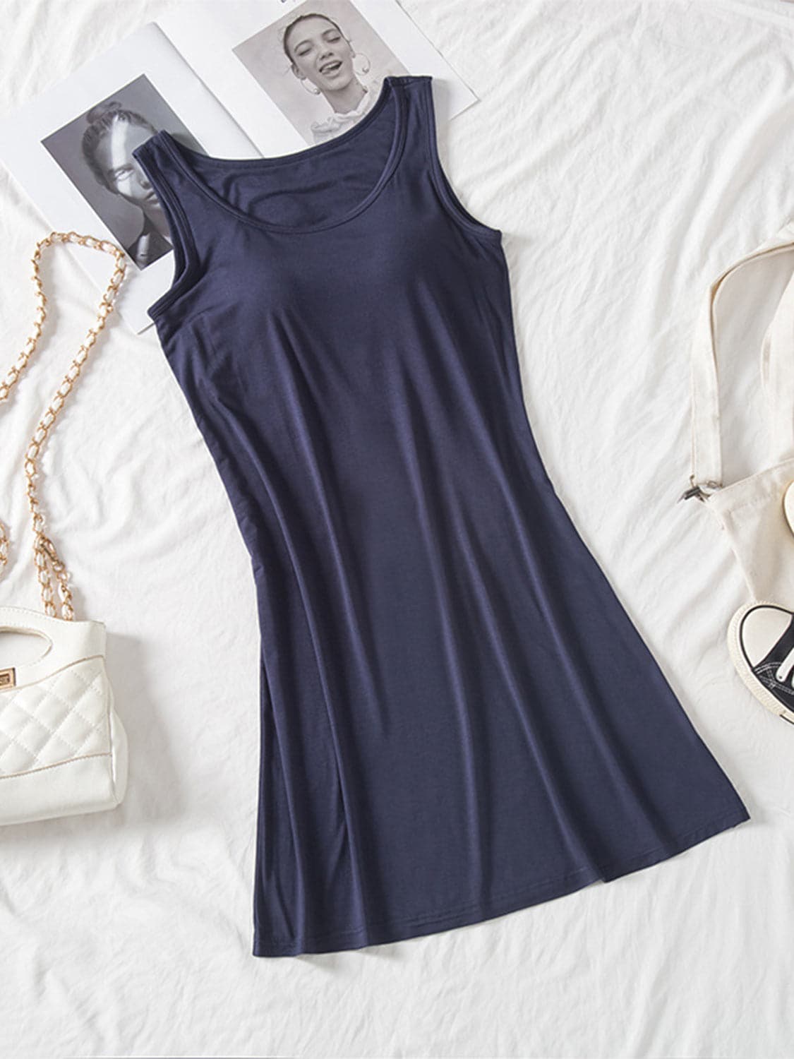 Round Neck Wide Strap Mini Tank Dress with Bra.