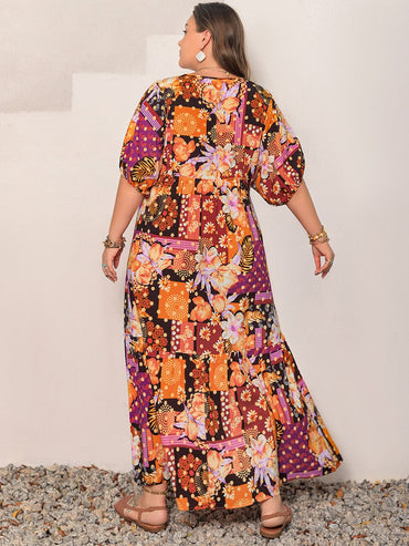 Plus Size Printed V-Neck Half Sleeve Maxi Dress.