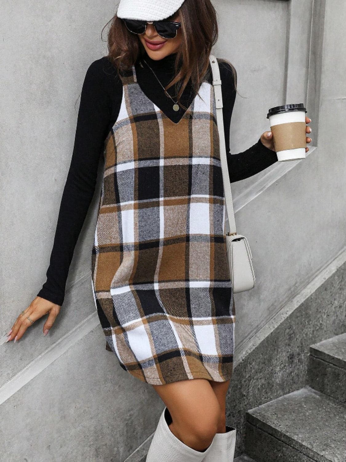 Plaid V-neck dress with wide straps and a flattering fit