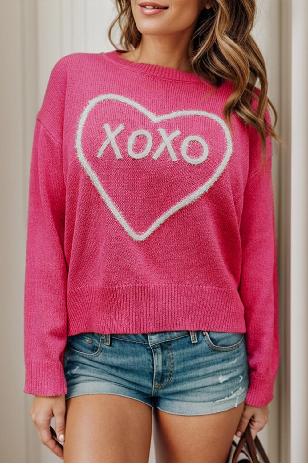 XOXO Heart Round Neck Dropped Shoulder Sweater.