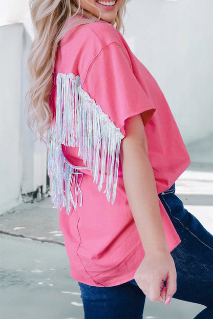 Fringe Round Neck Short Sleeve T-Shirt.