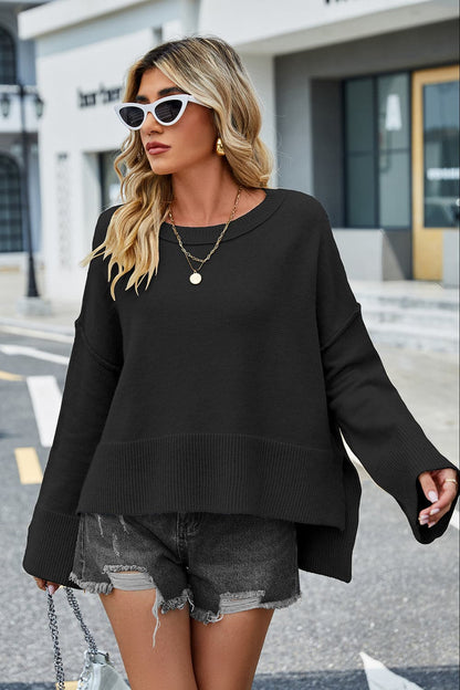 Round Neck Dropped Shoulder Slit Sweater.