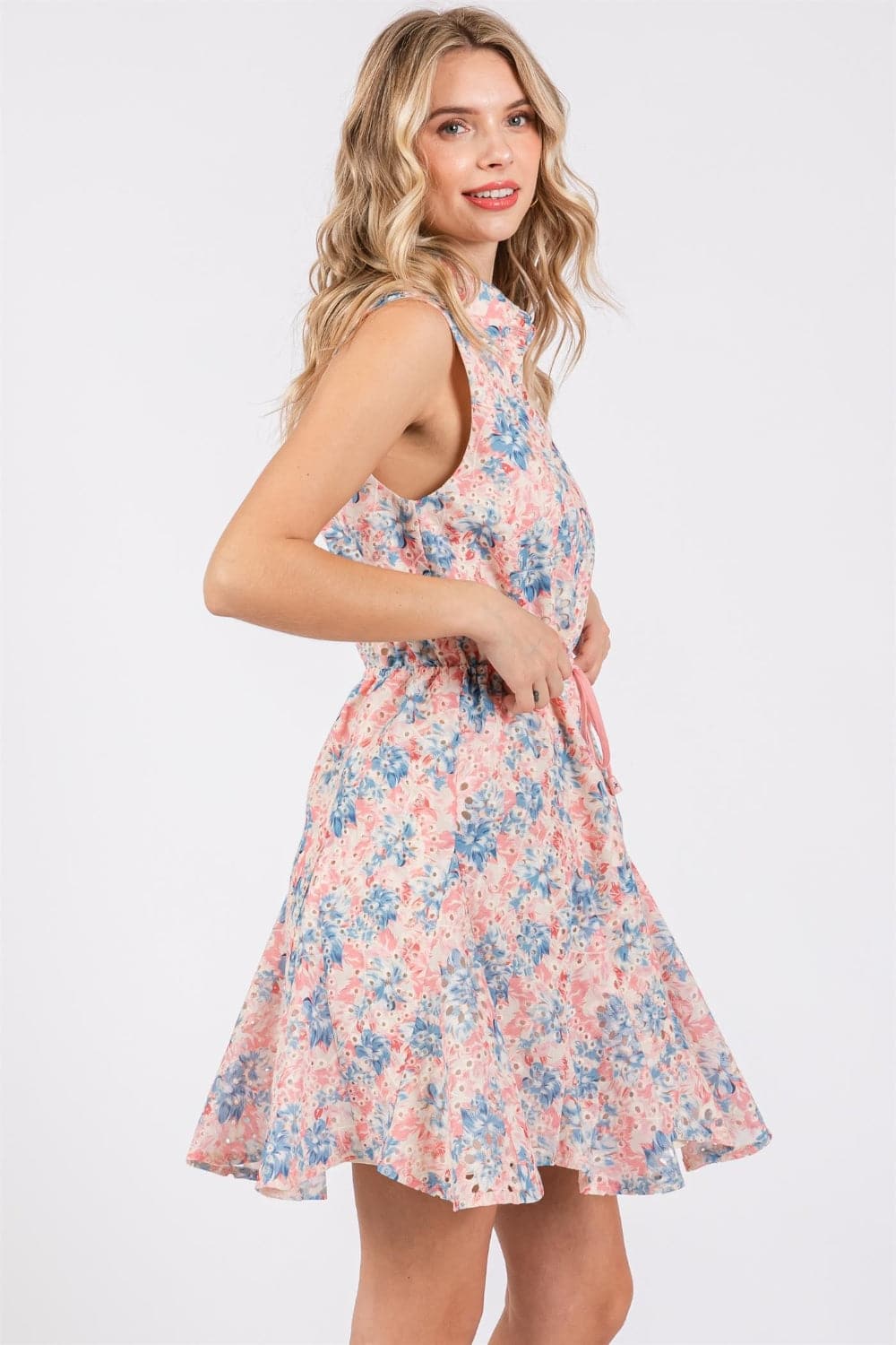 GeeGee Full Size Floral Eyelet Sleeveless Mini Dress.