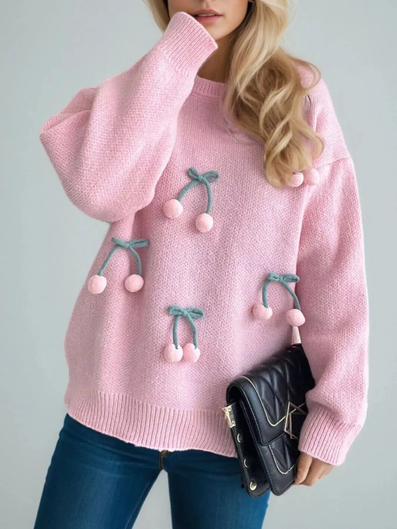 Cherry Pom-Pom Knit Round Neck Sweater Simply Love