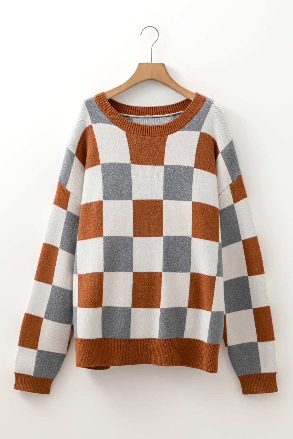 Brown Plus Size Checkered Crewneck Sweater Cozy Knit Dear-Lover Dropshipping
