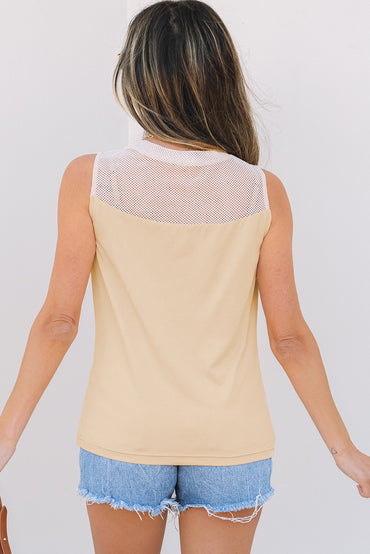 Oatmeal Solid Mesh Patchwork Crew Neck Tank Top for Women