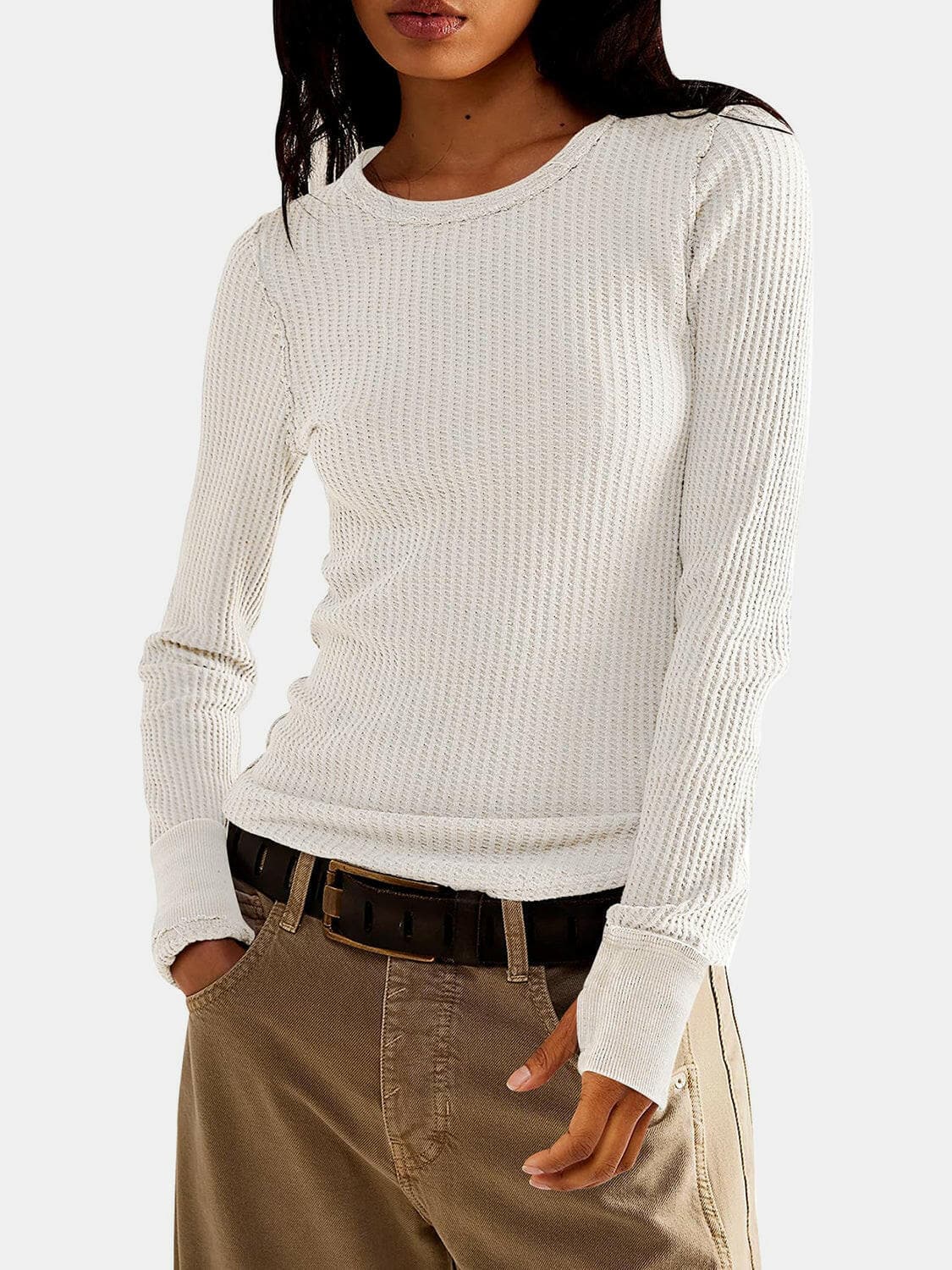 Exposed Seam Round Neck Long Sleeve T-Shirt.