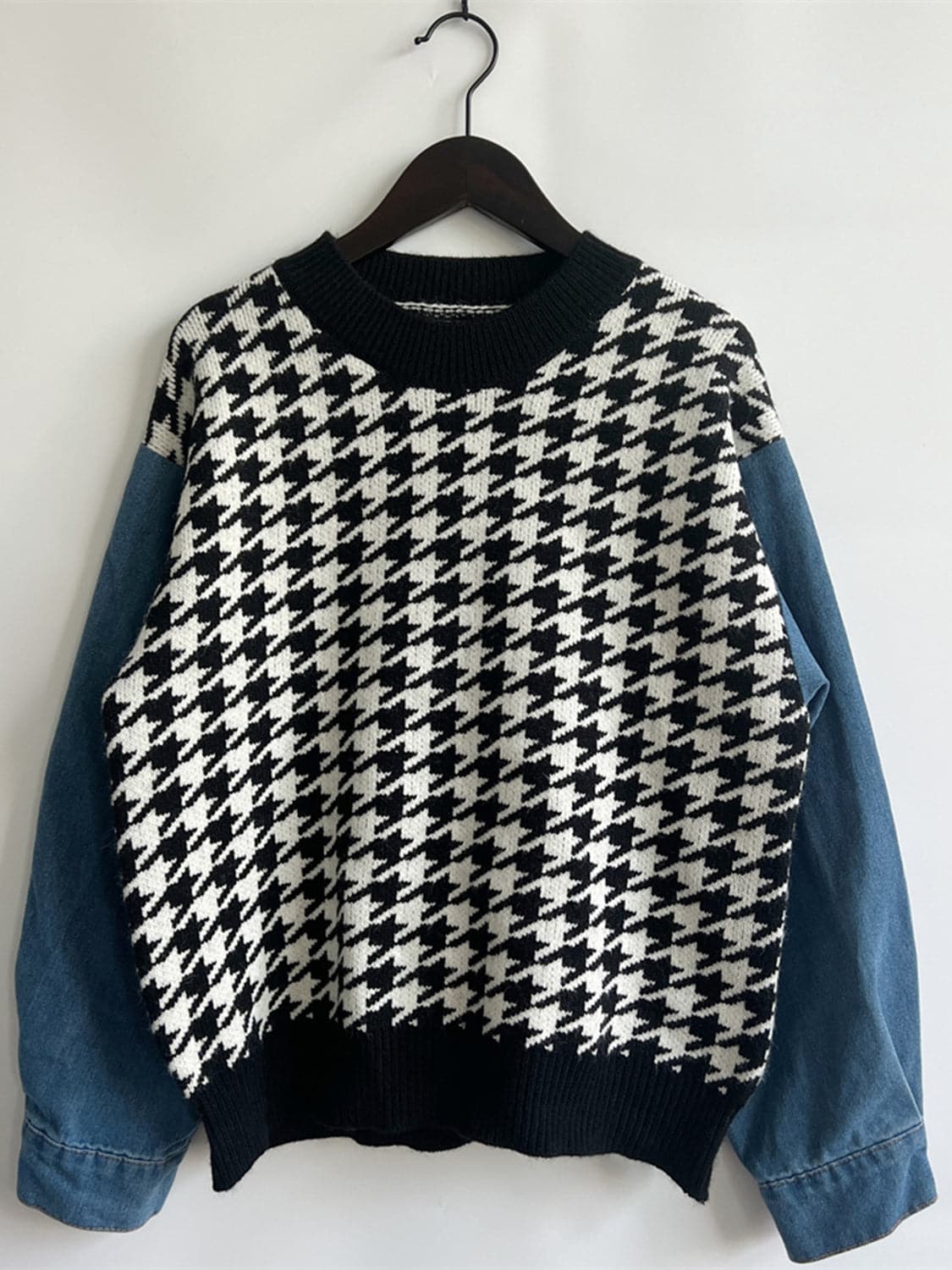 Houndstooth Denim Sleeve Sweater.