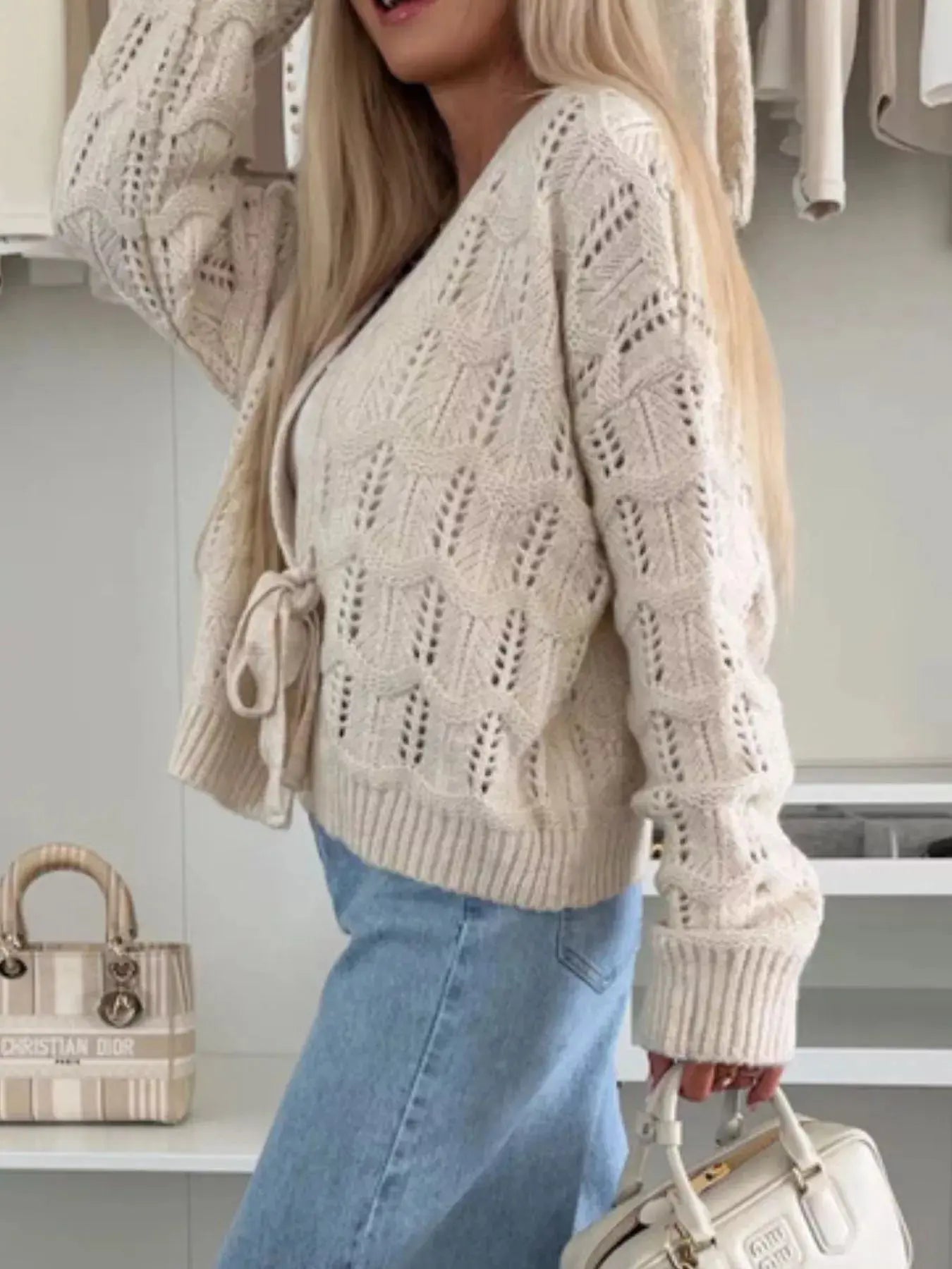 Tie-Front Openwork Cardigan Simply Love