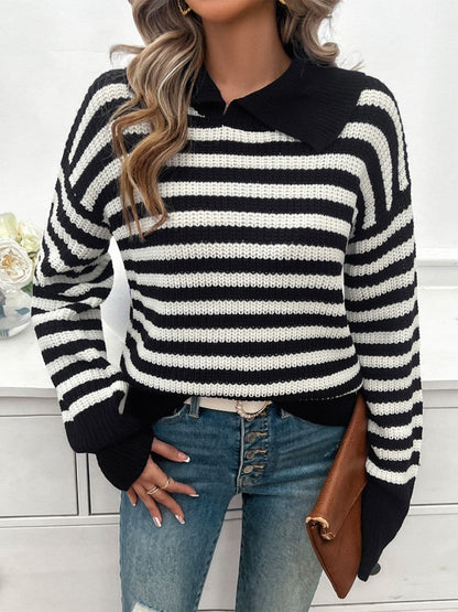 Striped Collared Neck Long Sleeve Sweater.