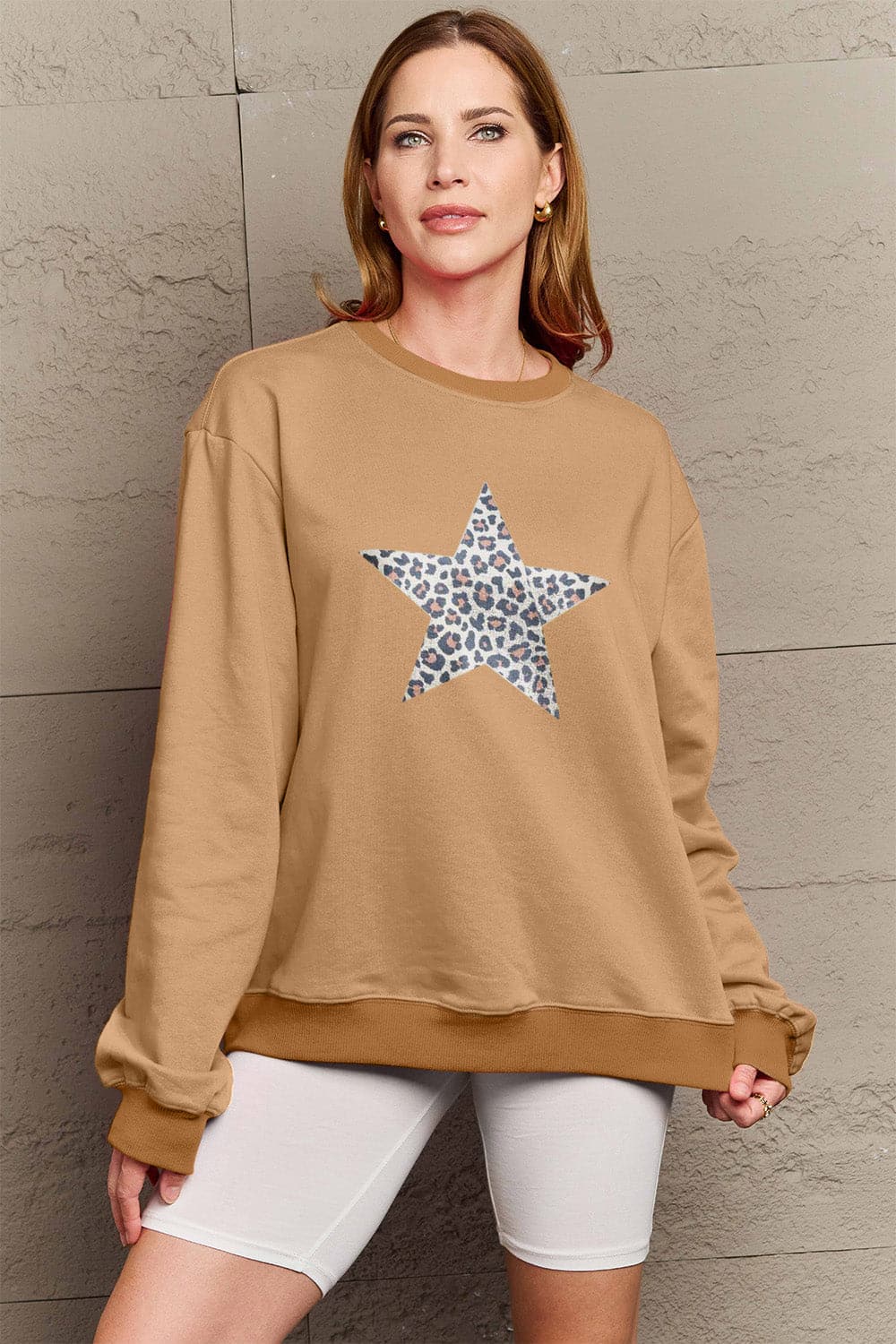 Simply Love Full Size Leopard Star Graphic Sweatshirt.