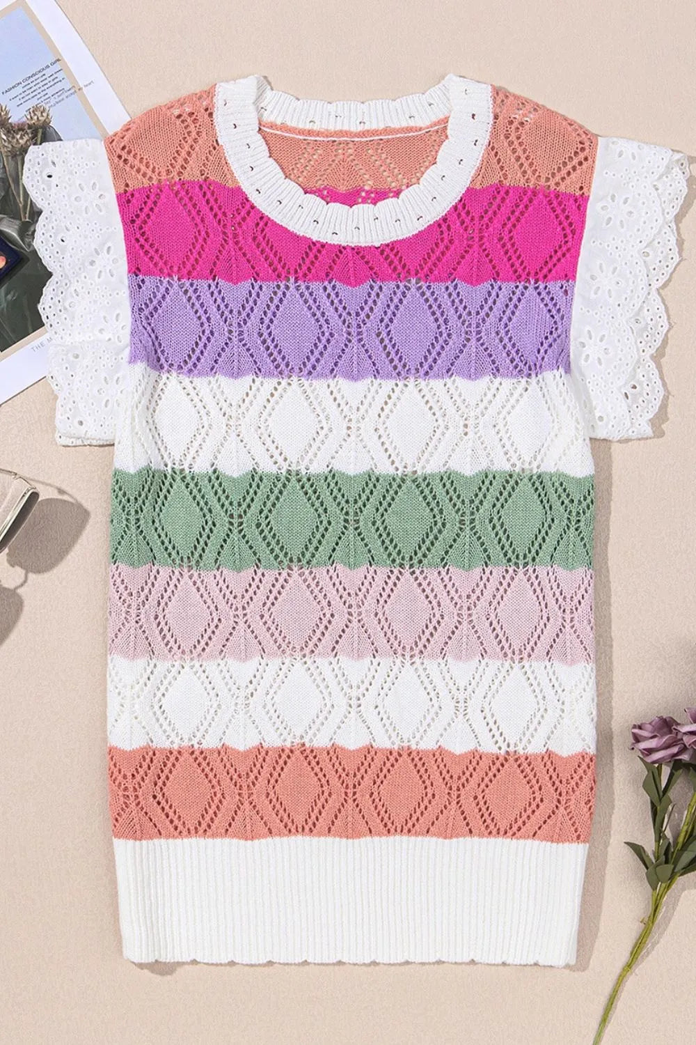 Openwork Round Neck Cap Sleeve Knit Top