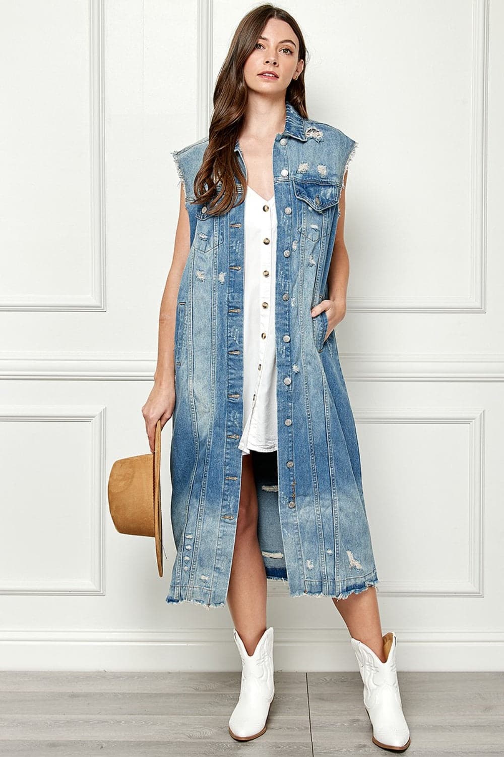 Veveret Full Size Distressed Sleeveless Longline Denim Jacket.