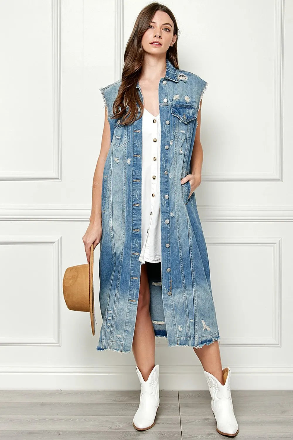 Veveret Full Size Distressed Sleeveless Longline Denim Jacket - Love Salve 