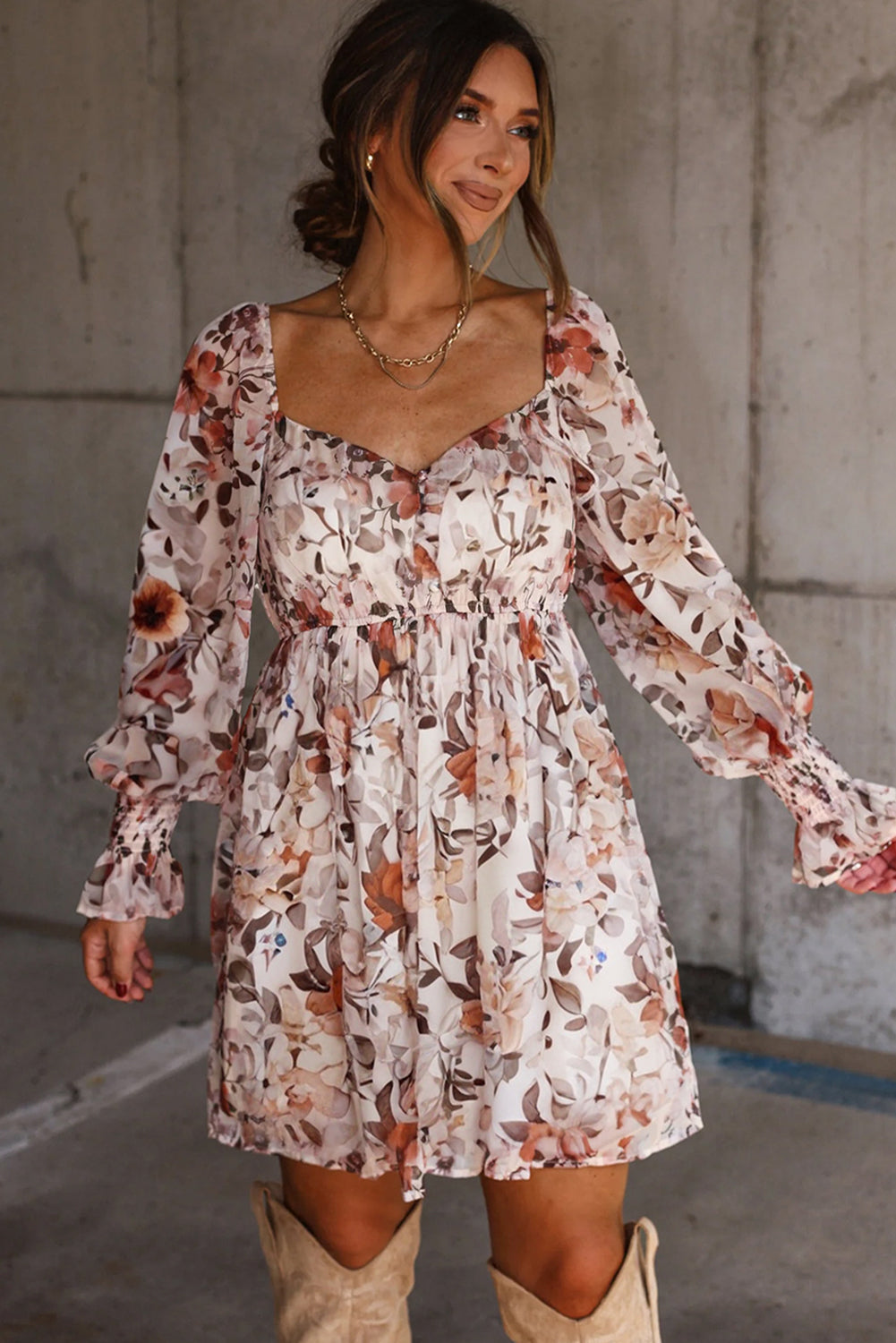 White Floral Print Sweetheart Neck Long Sleeve Mini Dress Dear-Lover Dropshipping