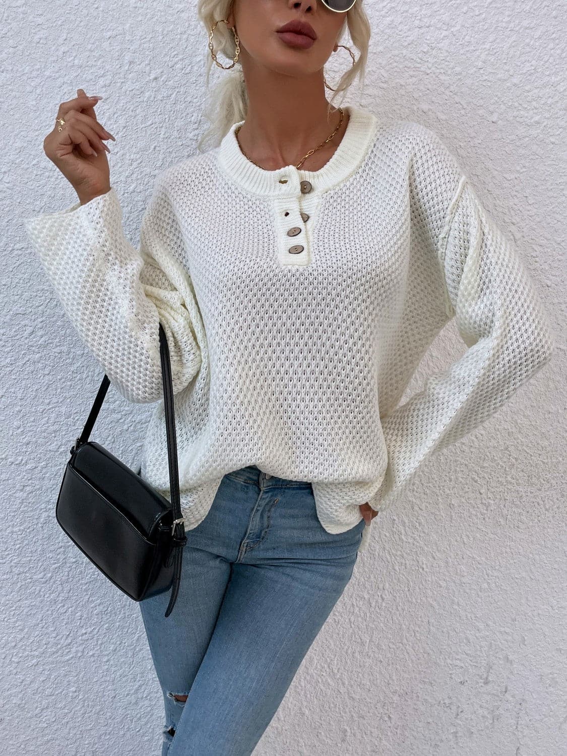 Quarter-Button Slit Sweater.