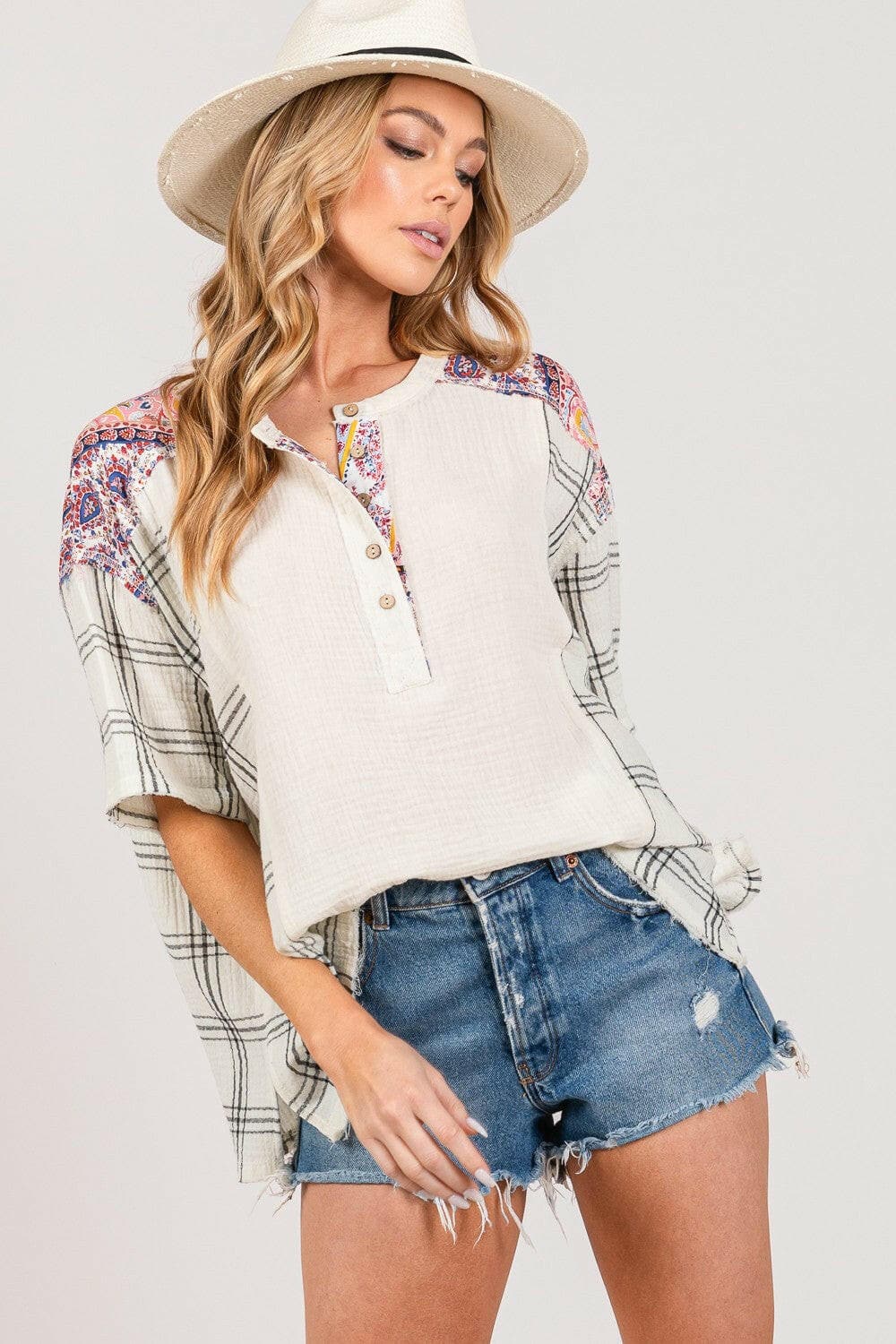 SAGE + FIG Plaid Half Button Gauze Top.