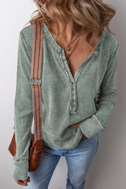 Chic buttoned notched long sleeve top