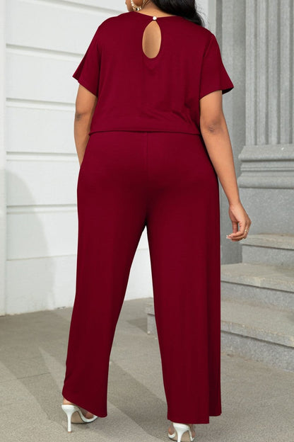 Plus Size Drawstring Waist Short Sleeve Jumpsuit.