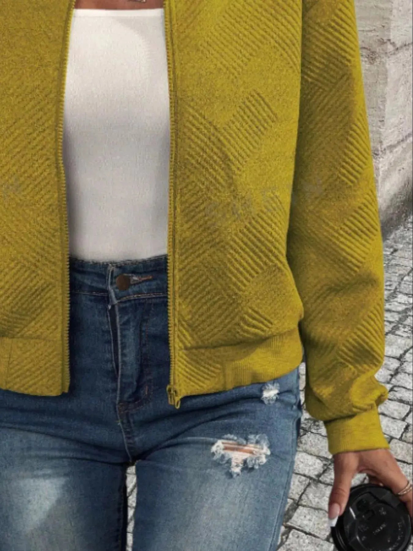Textured Knit Zip-Up Bomber Jacket Simply Love