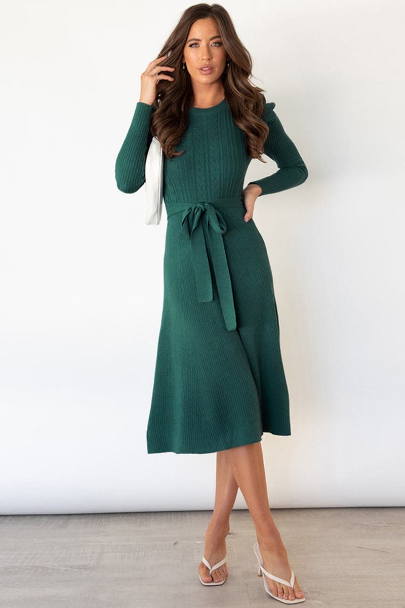 Round Neck Long Sleeve Tie Waist Sweater Dress.