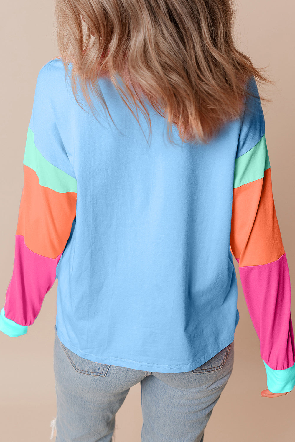 Colorblock Patchwork Long Sleeve Top in Dark Blue