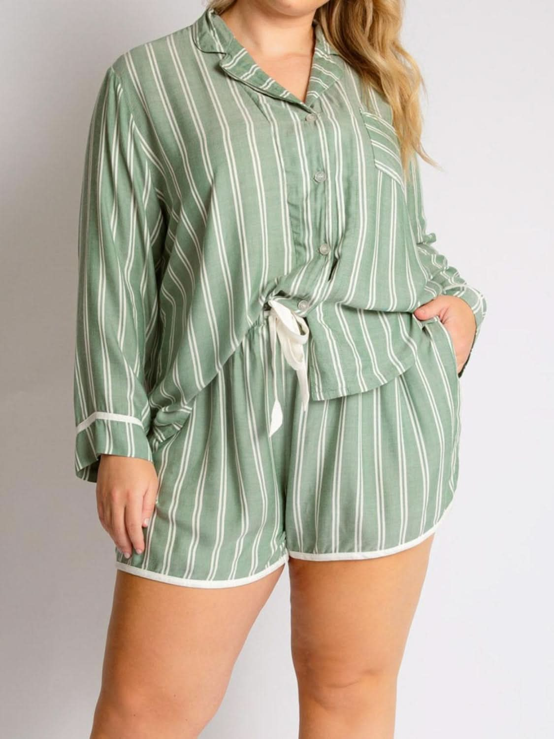 Button-Up Striped Long Sleeve Lounge Set with Collared Top and Shorts