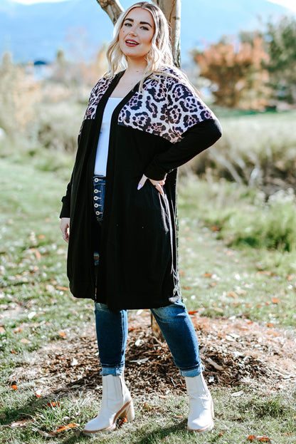 Chic black cardigan with leopard print accents