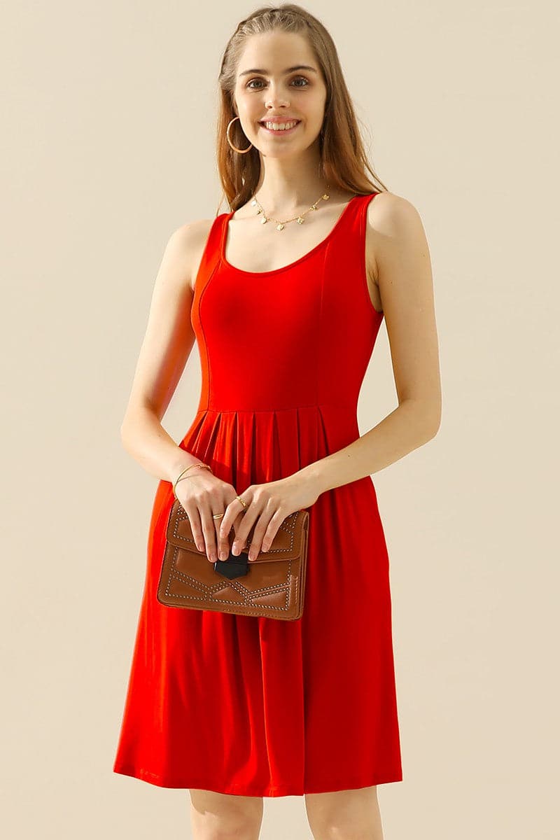 Doublju Full Size Round Neck Ruched Sleeveless Dress with Pockets.