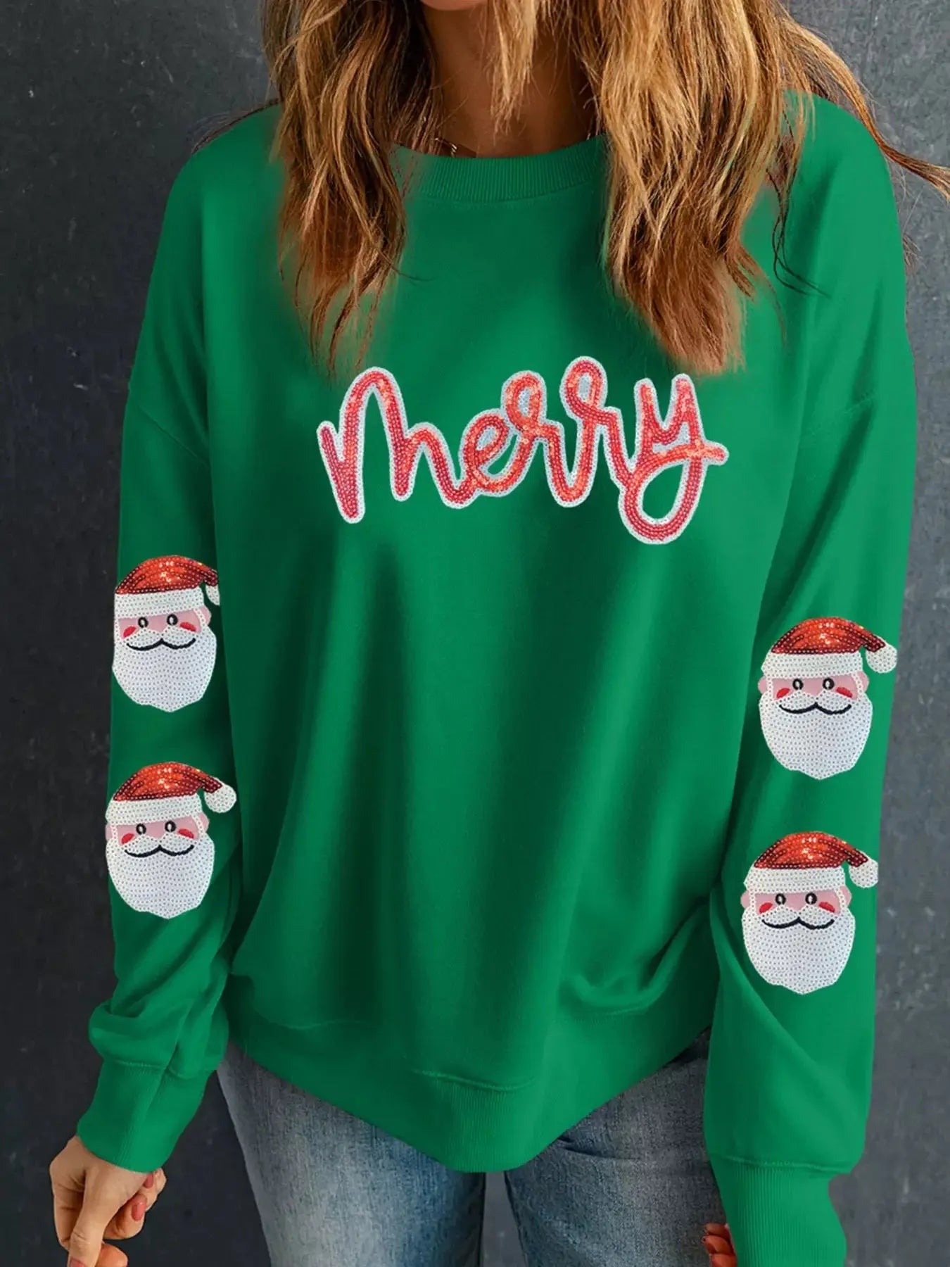 Sequin Merry Christmas Graphic Sweatshirt With Father Christmas Patch Sleeves Simply Love