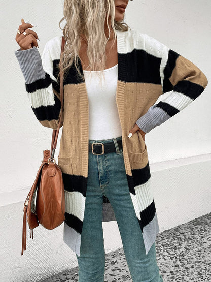 Color Block Open Front Drop Shoulder Cardigan.