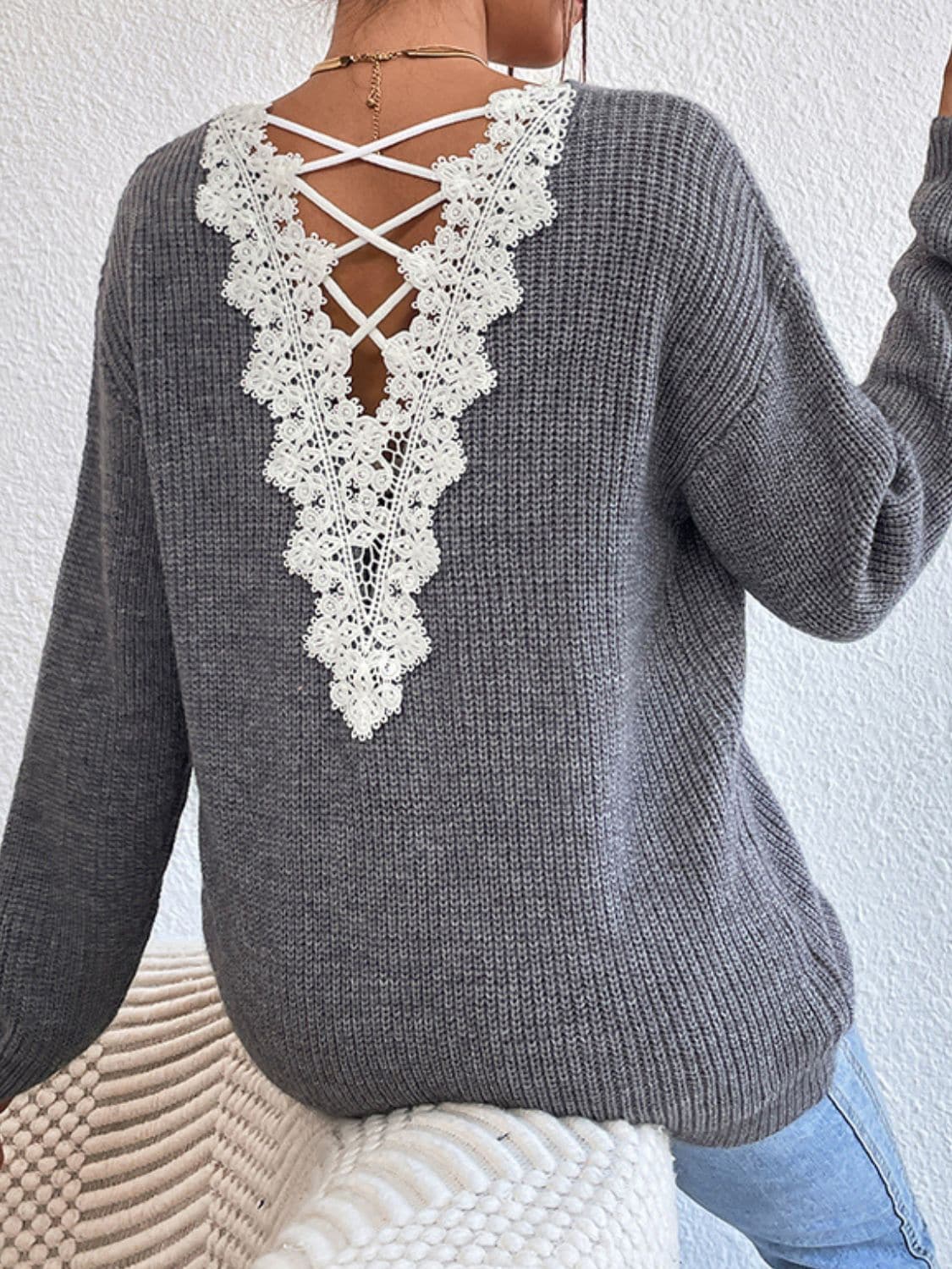 Lace detailed crisscross v-neck sweater with long sleeves