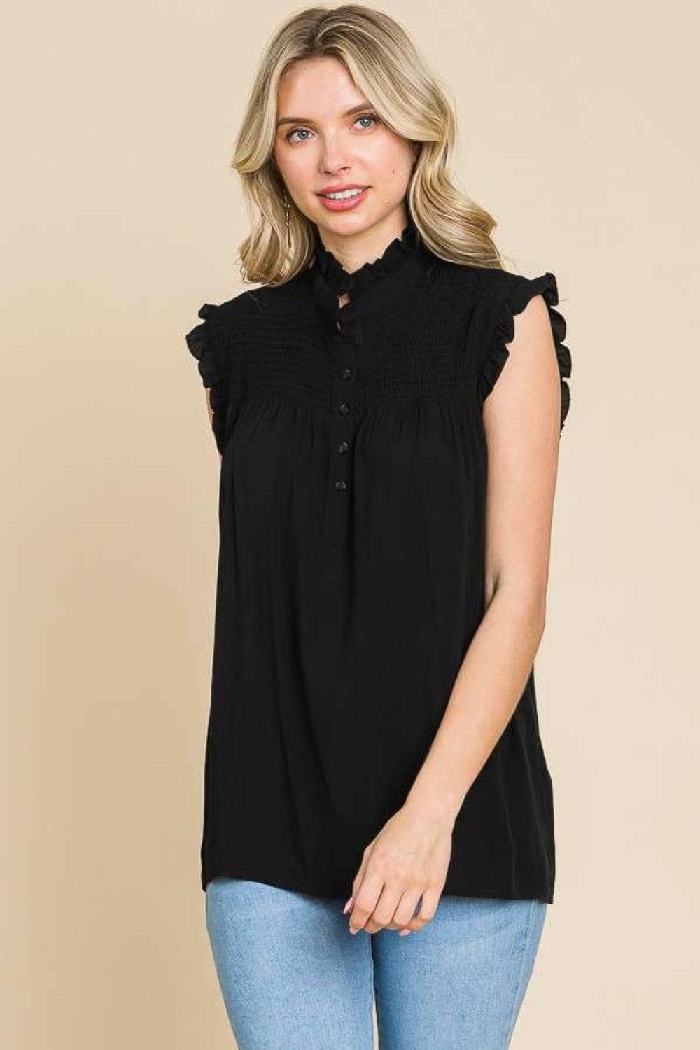 Culture Code Full Size Frill Edge Smocked Sleeveless Top.