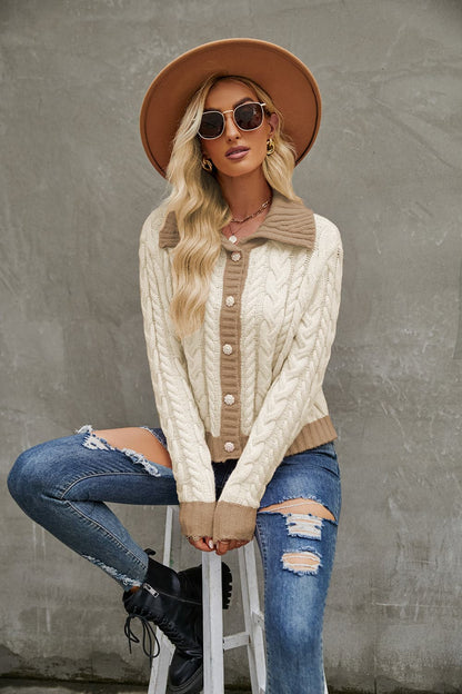 Contrast Collared Neck Cable-Knit Cardigan.