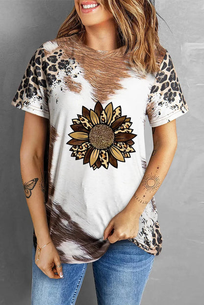 Sunflower Graphic Round Neck Short Sleeve T-Shirt.