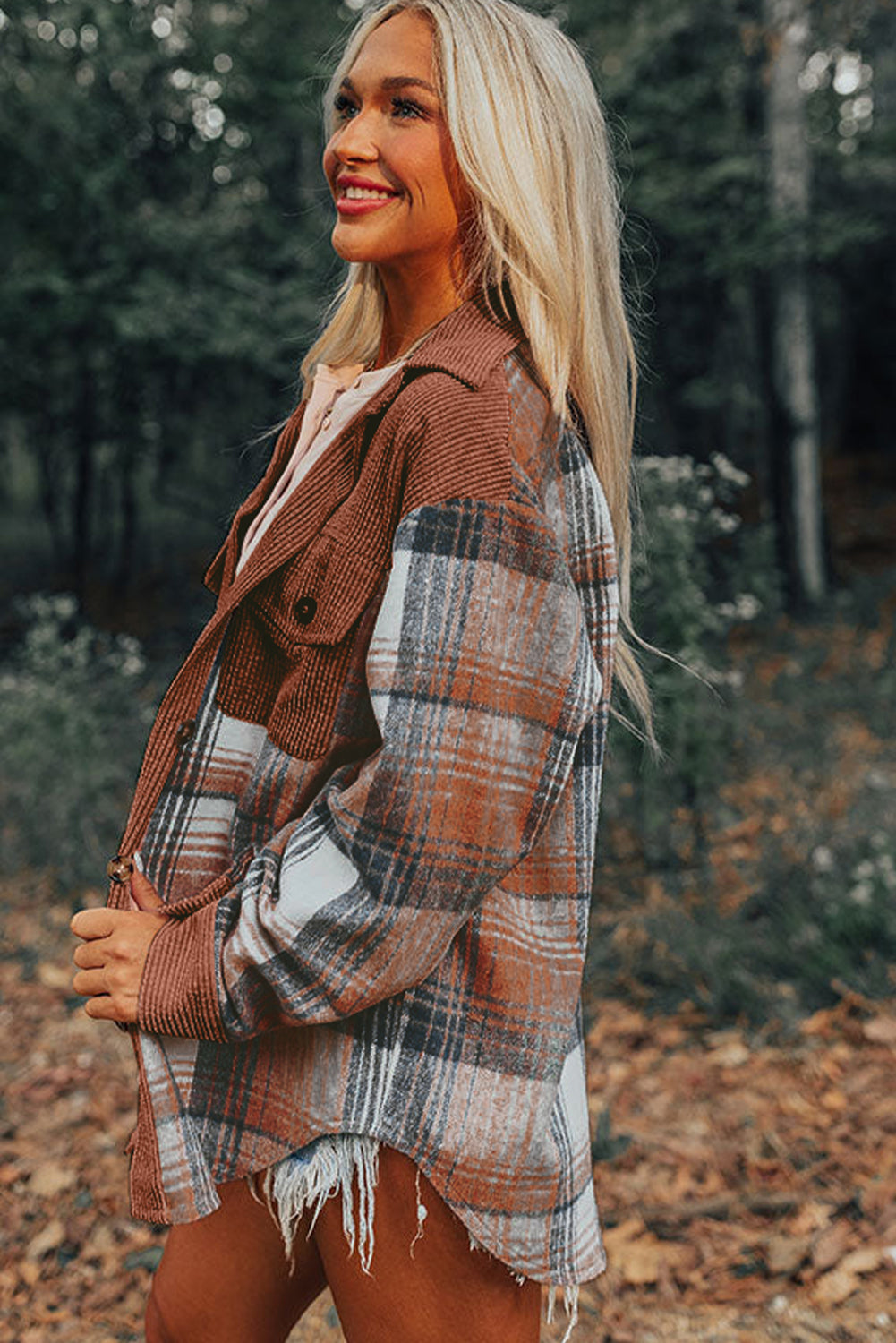 Cinnamon corduroy plaid shacket with chest pockets