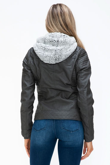 YMI Faux Layered Double-Zipper Jacket with Fuzzy Hood