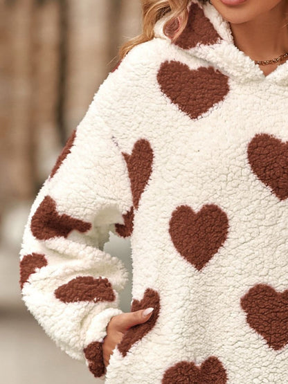 Fuzzy Heart Pocketed Dropped Shoulder Hoodie.