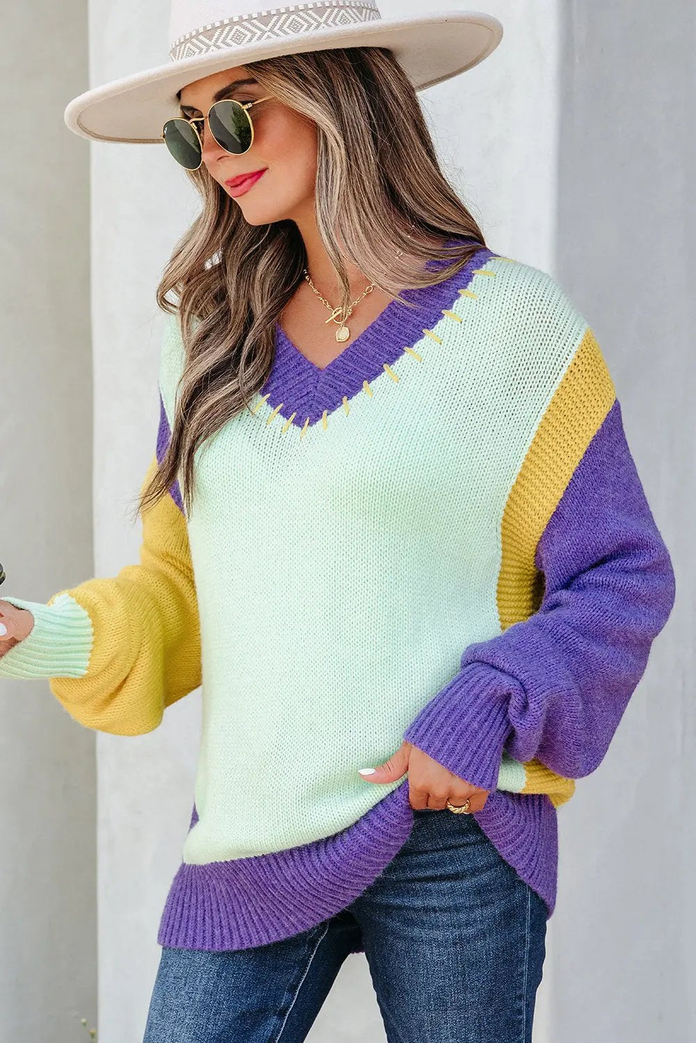 Premium Green Stitched V Neck Color Block Knitted Drop Shoulder Sweater Dear-Lover Dropshipping