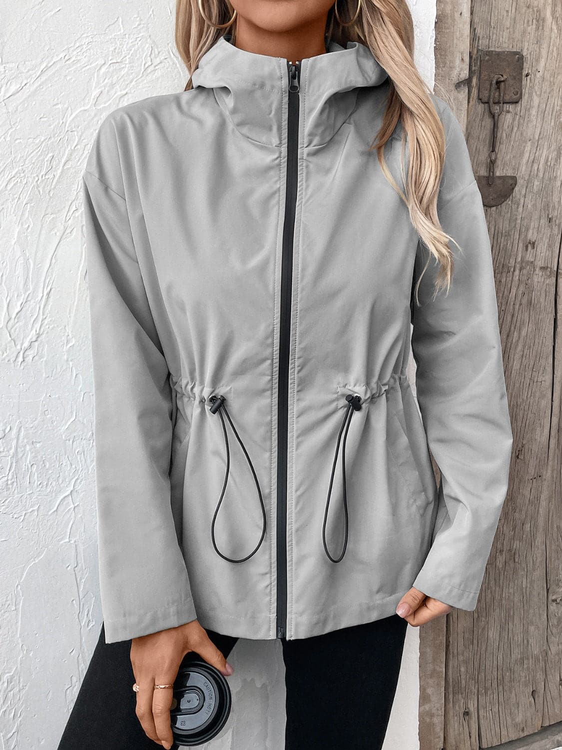 Drawstring Zip Up Hooded Jacket.