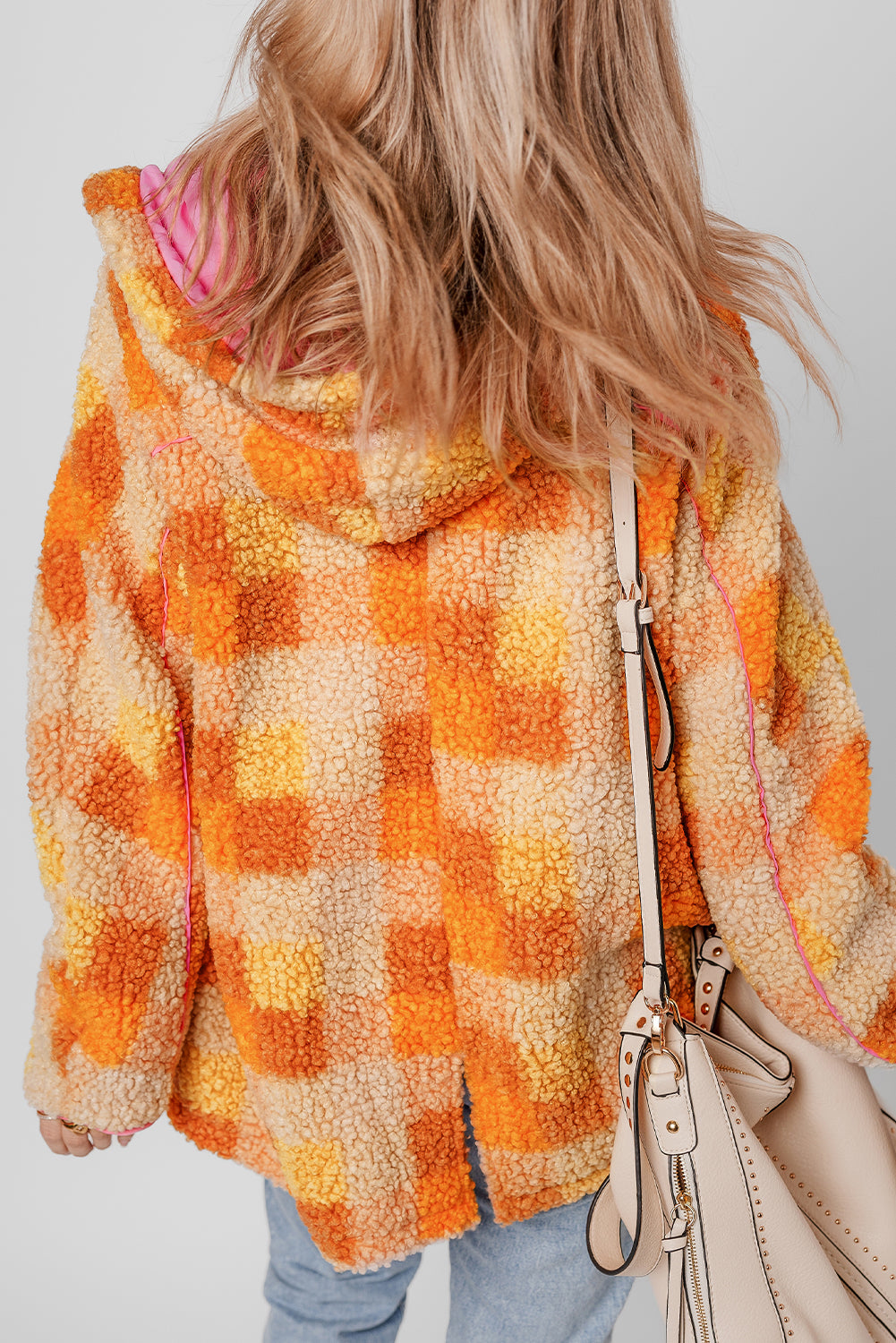 Cozy orange checkered sherpa jacket