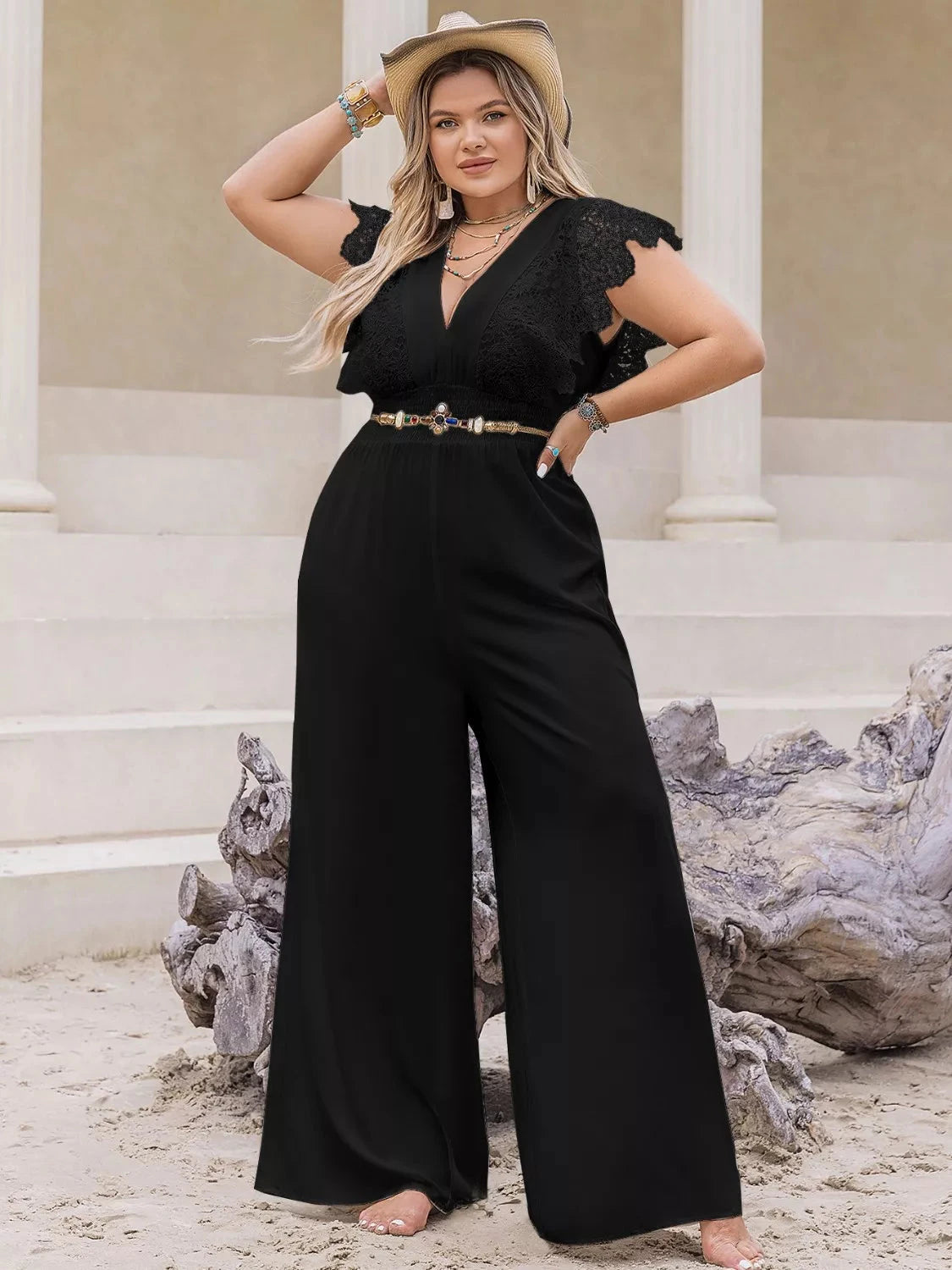 Plus Size Lace Cap Sleeve Wide Leg Jumpsuit Coco’s Tee Boutique