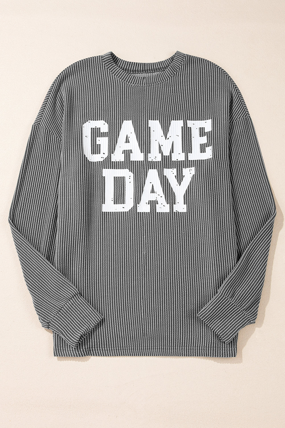 Game day ready: Dark grey corded graphic long sleeve crewneck top