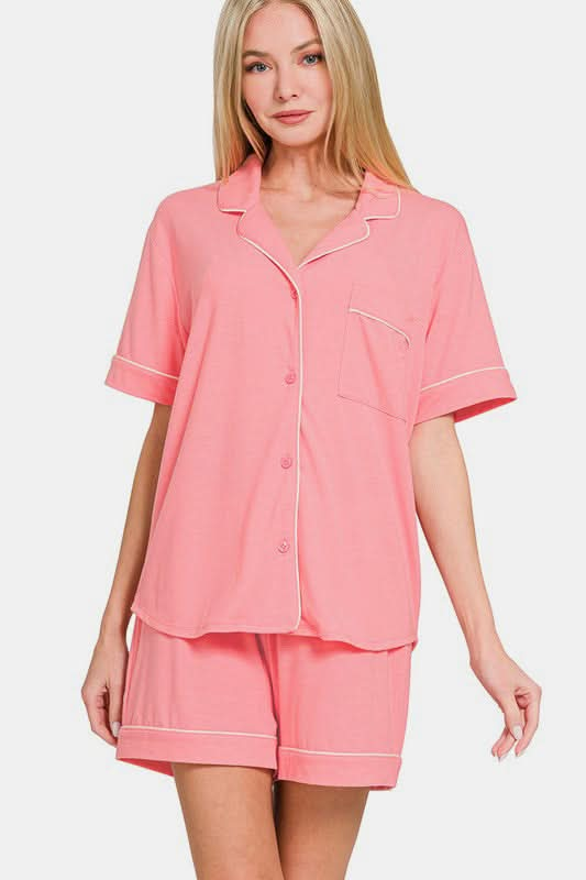 Chic Button-Up Lounge Set with Shorts and Short Sleeves