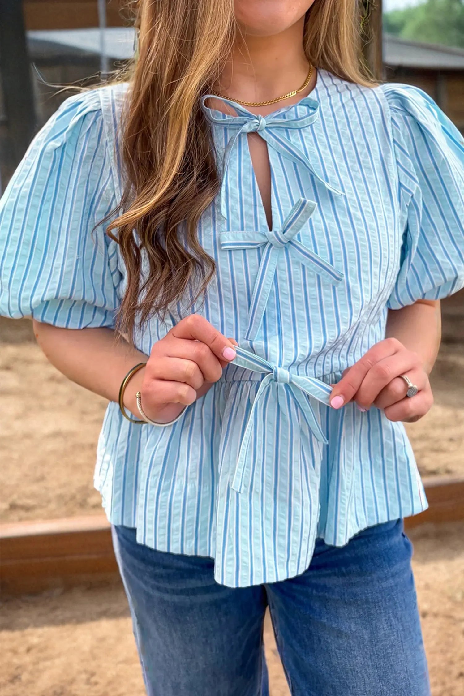 Sky Blue Stripe Bow Knot Textured Short Puff Sleeve Babydoll Blouse Dear-Lover Dropshipping